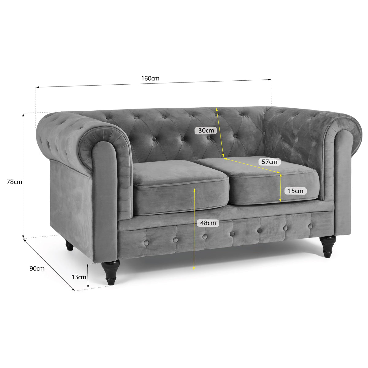 Chesterfield Scroll Arm Velvet Sofa 2 Seater | Grey