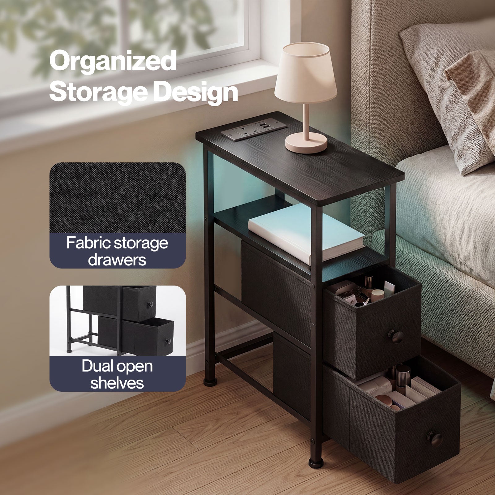 Bedside Table Narrow Side Table With Led Charging Station Storage Black | Black