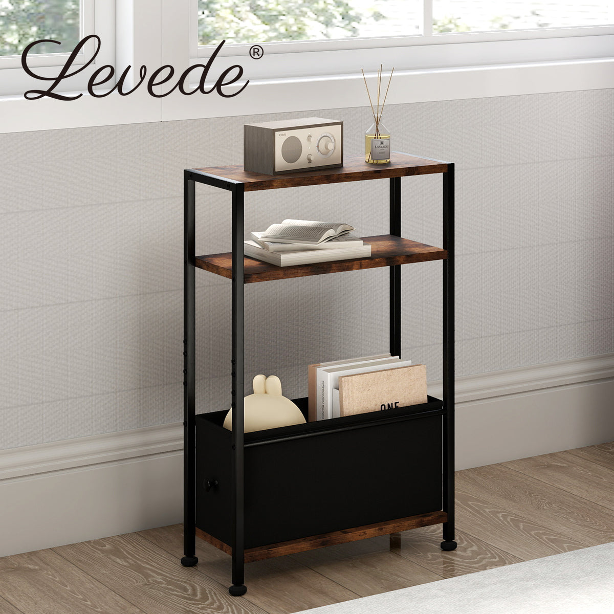 Levede Side End Table Industrial 3 Tier Wooden Oxford Storage Basket Living Room