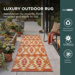 Luxury Outdoor Rug Waterproof Reversible For Garden Patio 100% Recycled, Orange Anya Aztec | 75cm x 200cm | Orange