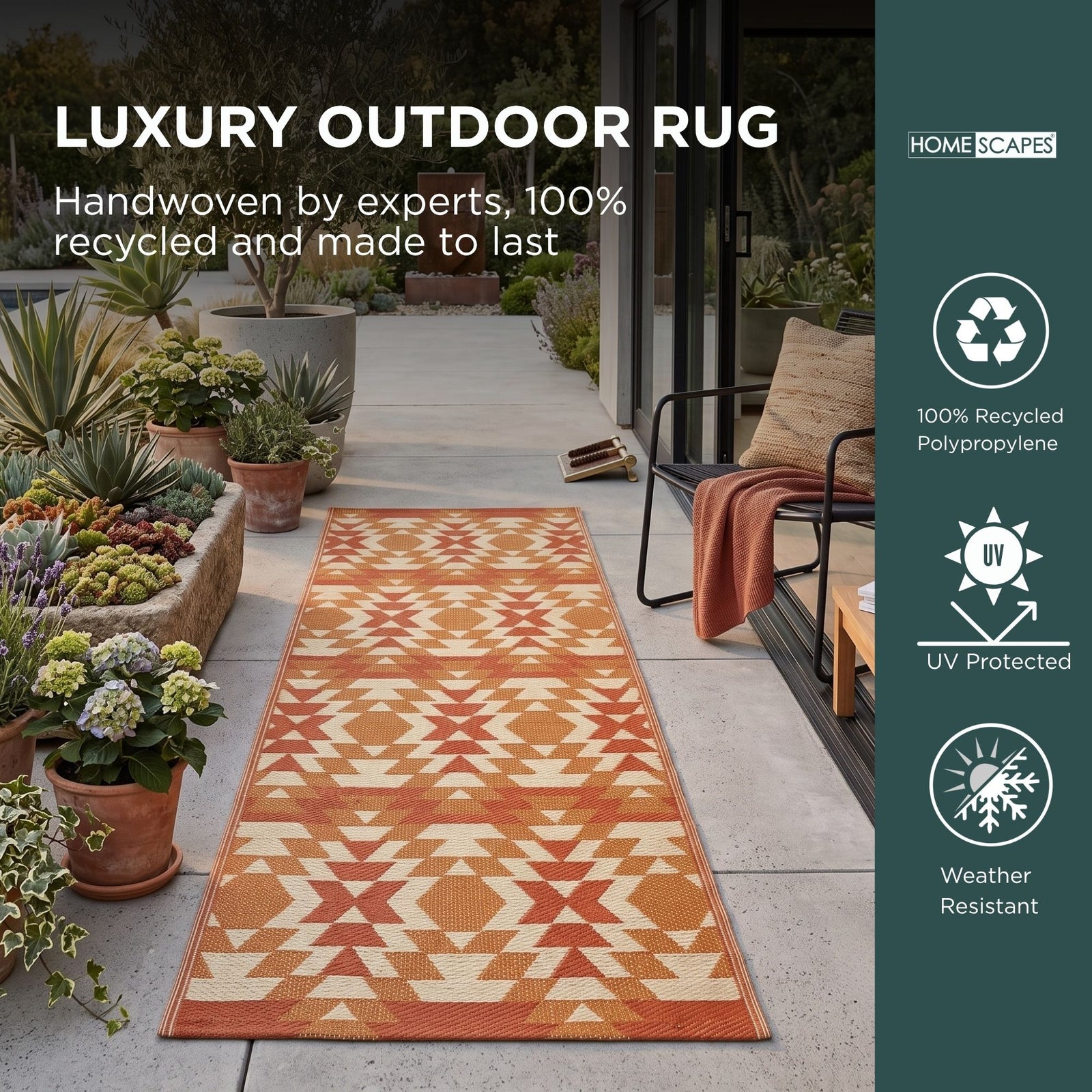 Luxury Outdoor Rug Waterproof Reversible For Garden Patio 100% Recycled, Orange Anya Aztec | 75cm x 200cm | Orange