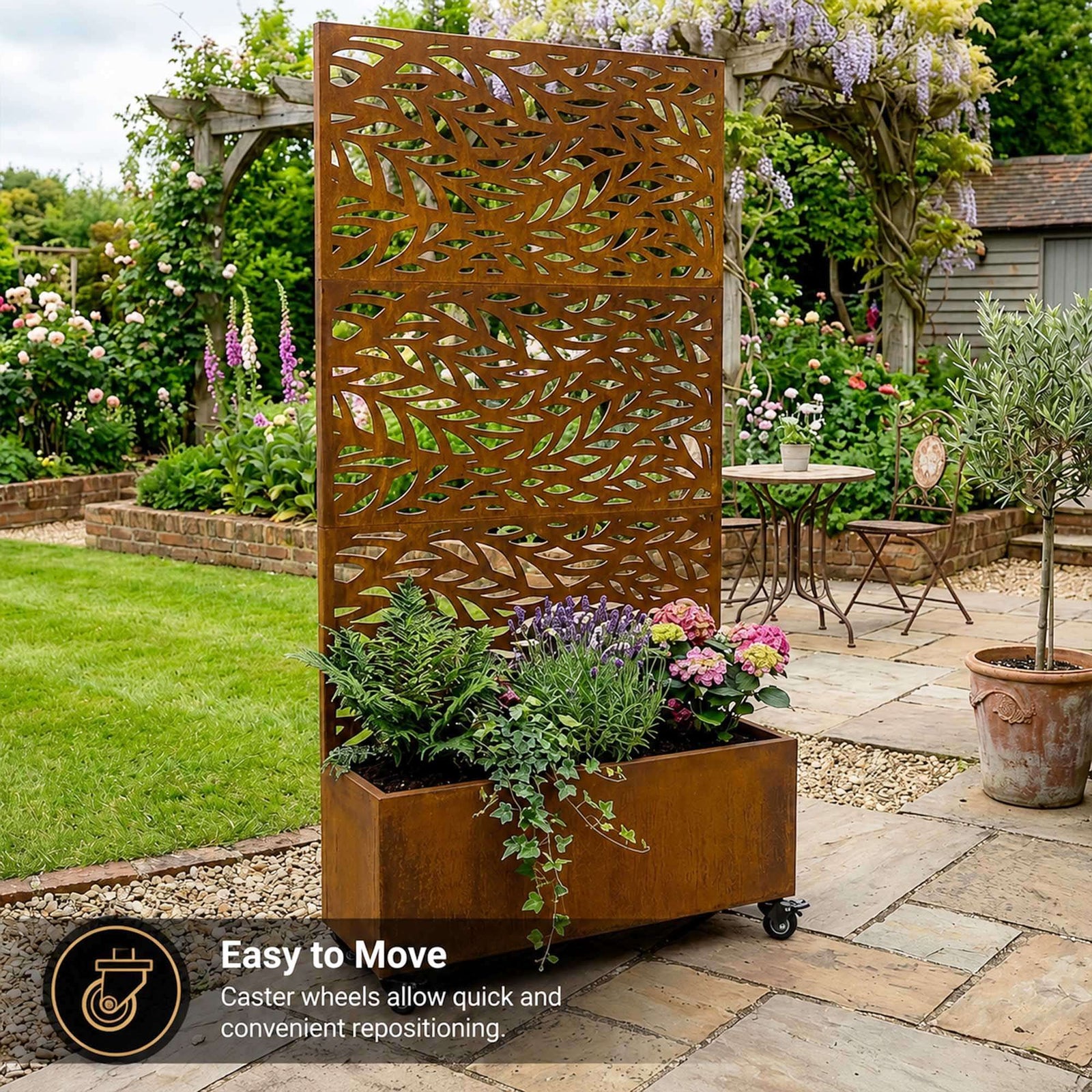 Metal Privacy Screen With Plant Pot - Leaf | Rust