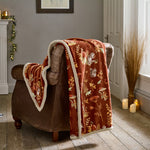 Autumnal Woodland Throw Rust – Sherpa Lined Woodland Animal Blanket 130x170cm | 130cm x 170cm | Rust