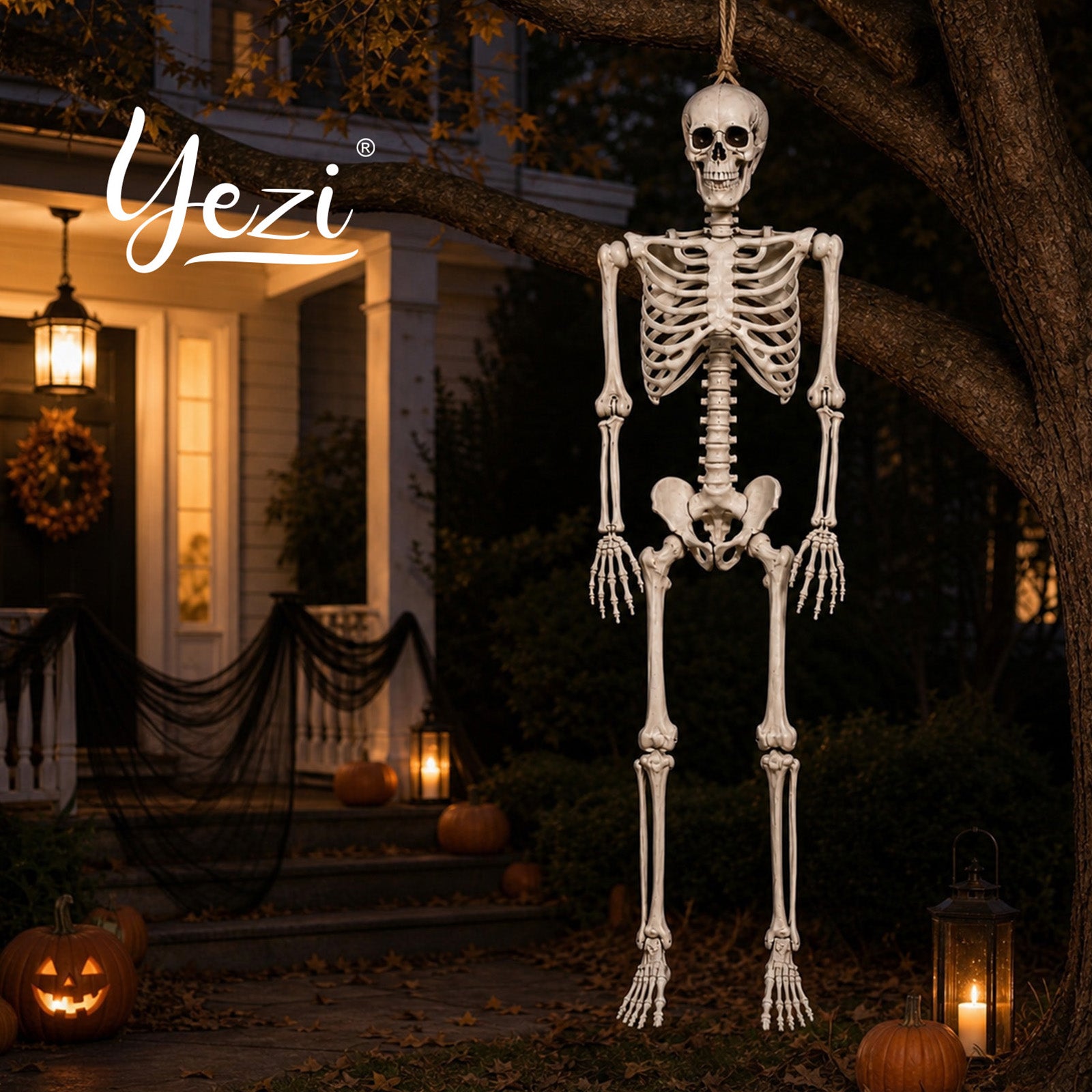 Yezi Halloween Skeleton Life Size 169cm Posable Jointed Abs Spooky Patio White