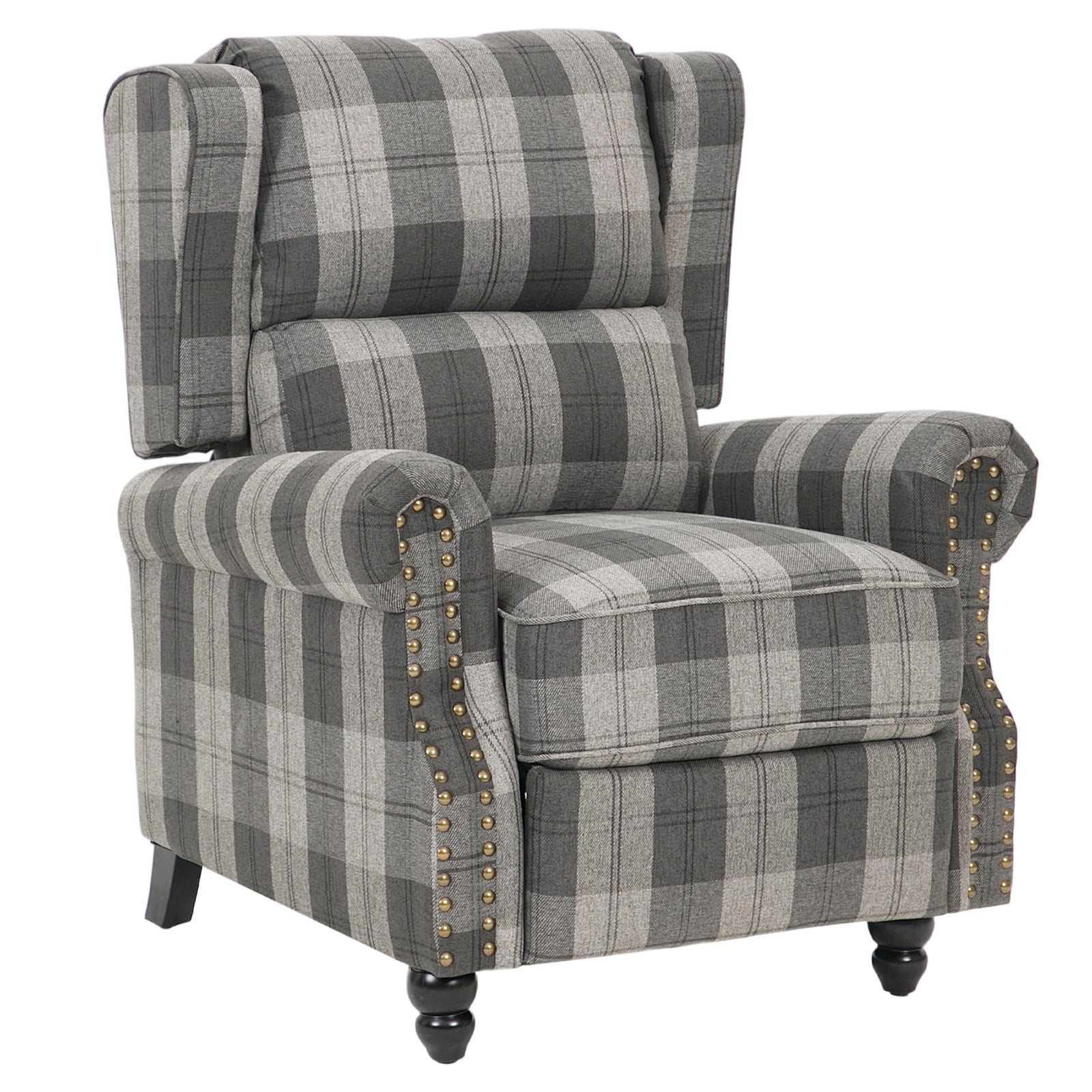 Gray Checkered Retro Fabric Upholstered Sofa Pushback Reclining Chair Armchair