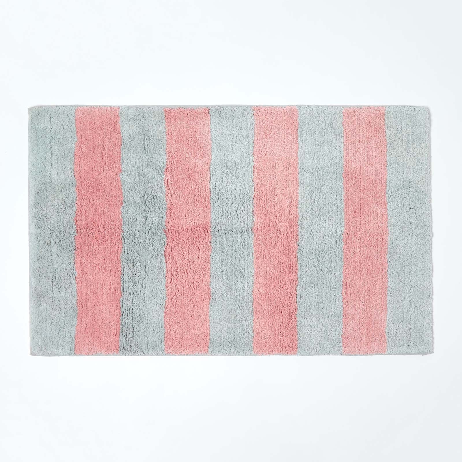 Pink And Grey Striped Cotton Bath Mat