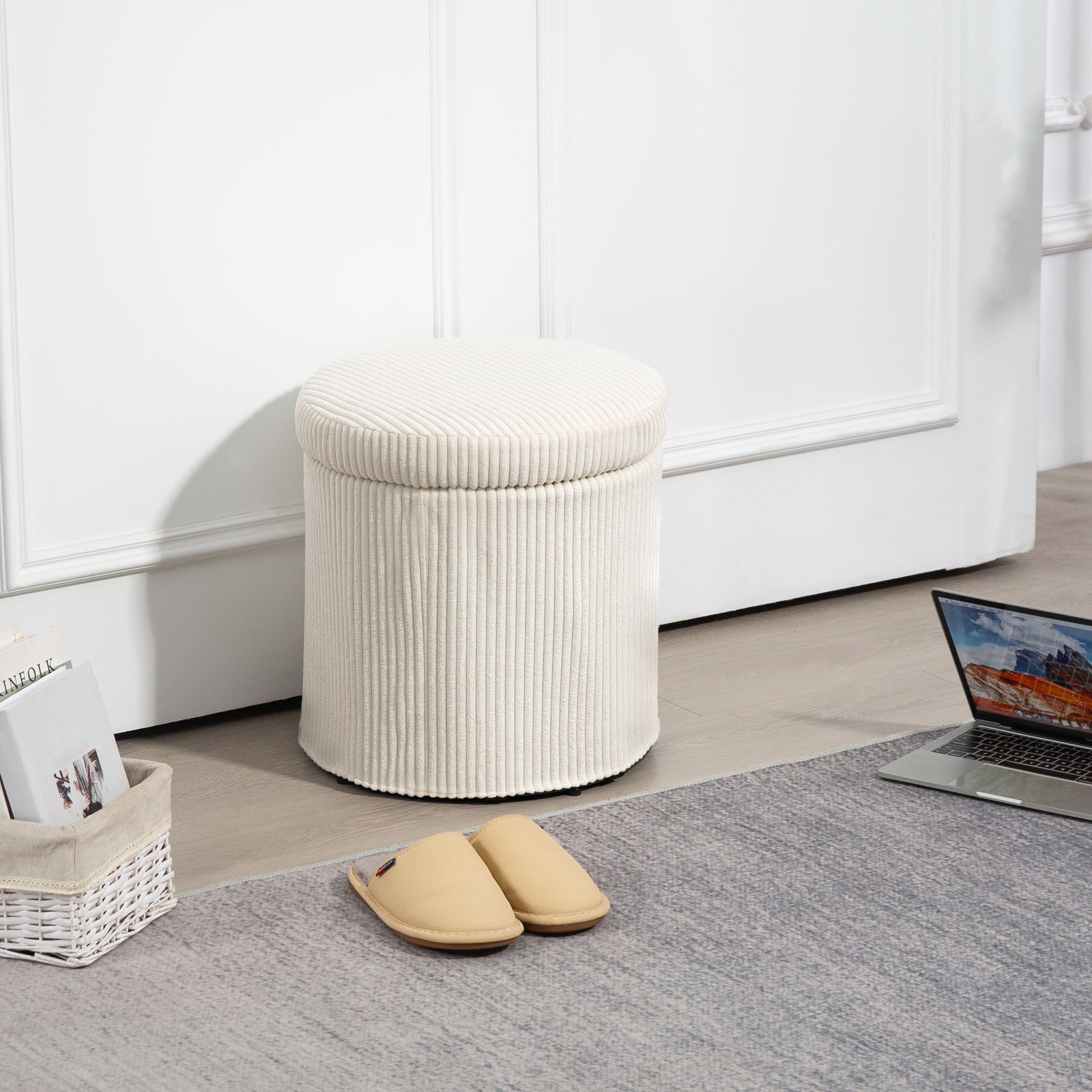 Round Storage Ottoman With Lid, Vanity Stool With Storage | Beige