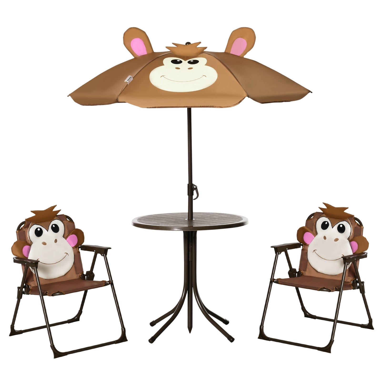 Kids Foldable Four-piece Garden Set W/ Table, Chairs, Umbrella - Brown