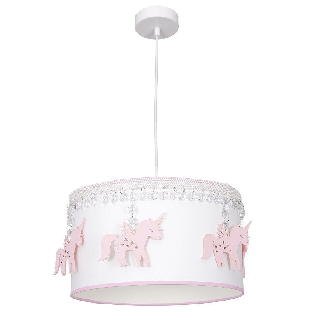 Uni 37cm Ceiling Lamp 1xe27 Hand Made In Quality White Fabric With Crystals And Delicate Pink Wooden Unicorn Motifs