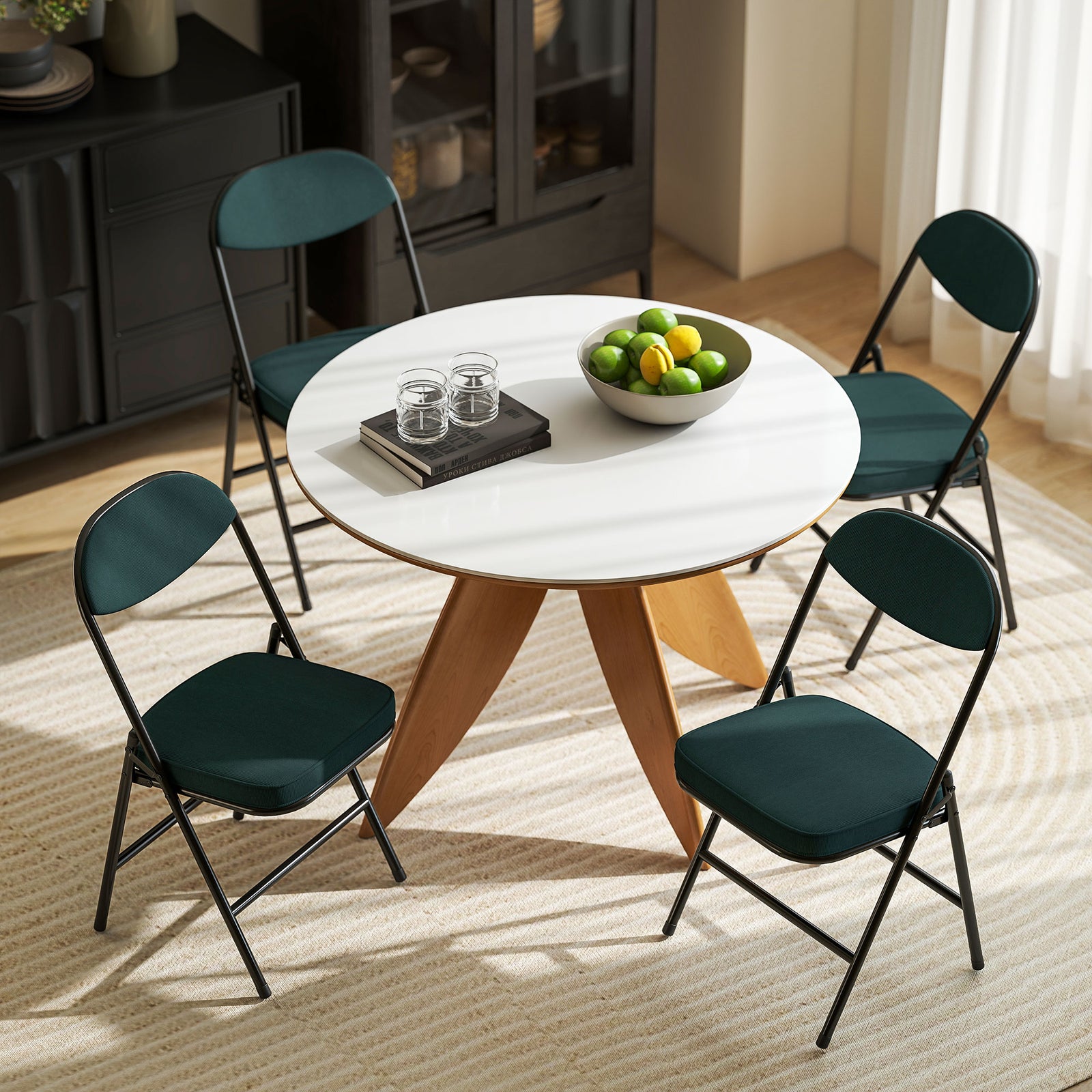 Folding Chairs Set Of 4 With Cushioned Seat, Steel Frame | Teal