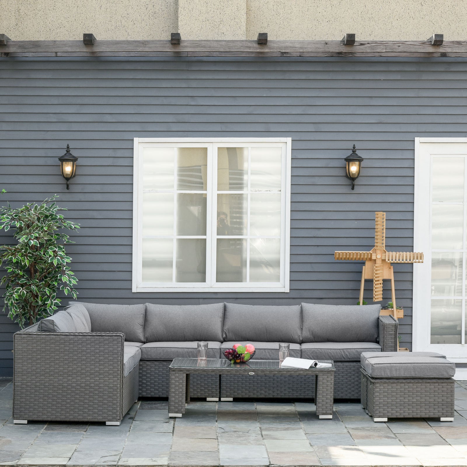 6 Pcs Pe Rattan Corner Sofa Set W/ Cushions