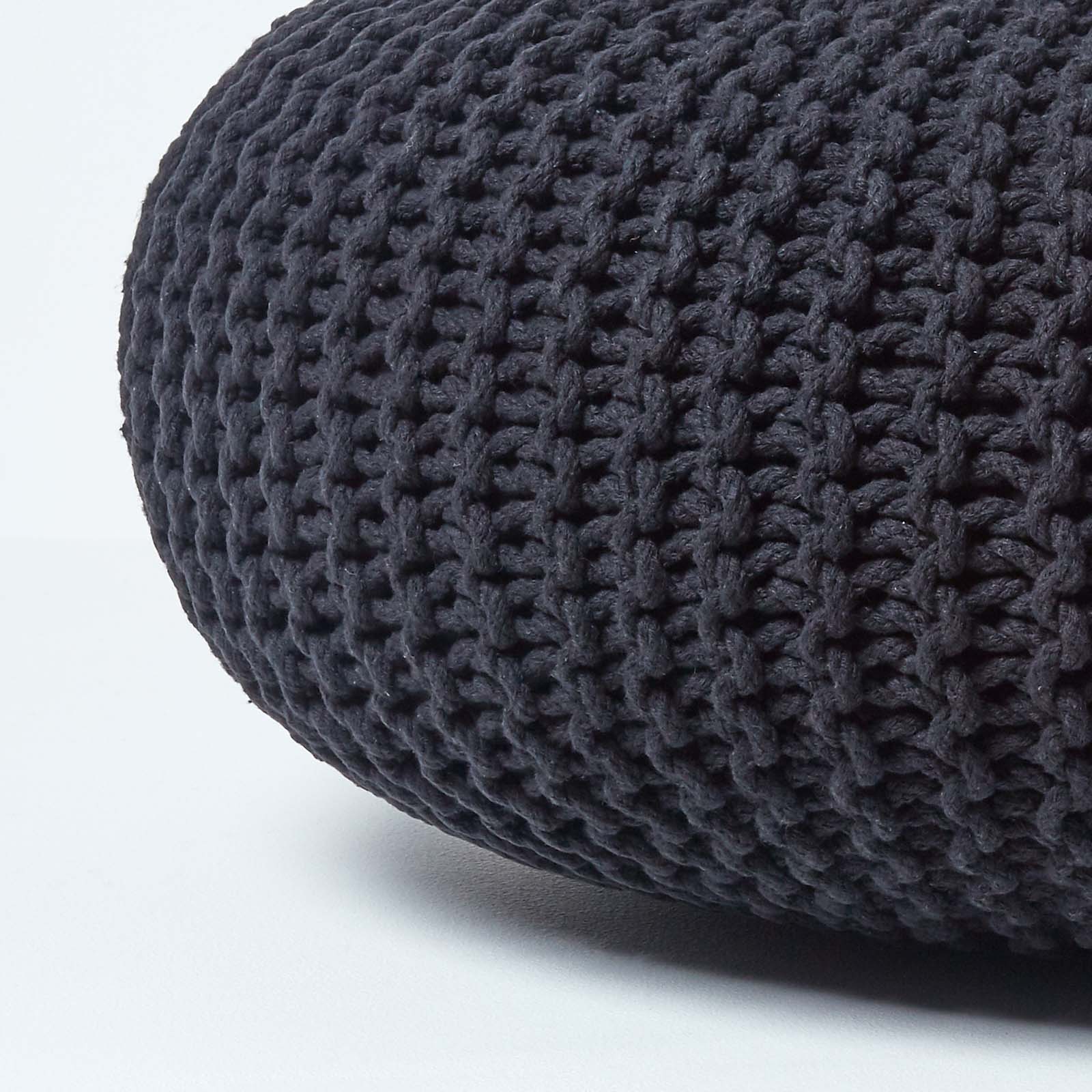 HOMESCAPES Black Large Round Cotton Knitted Pouffe Footstool