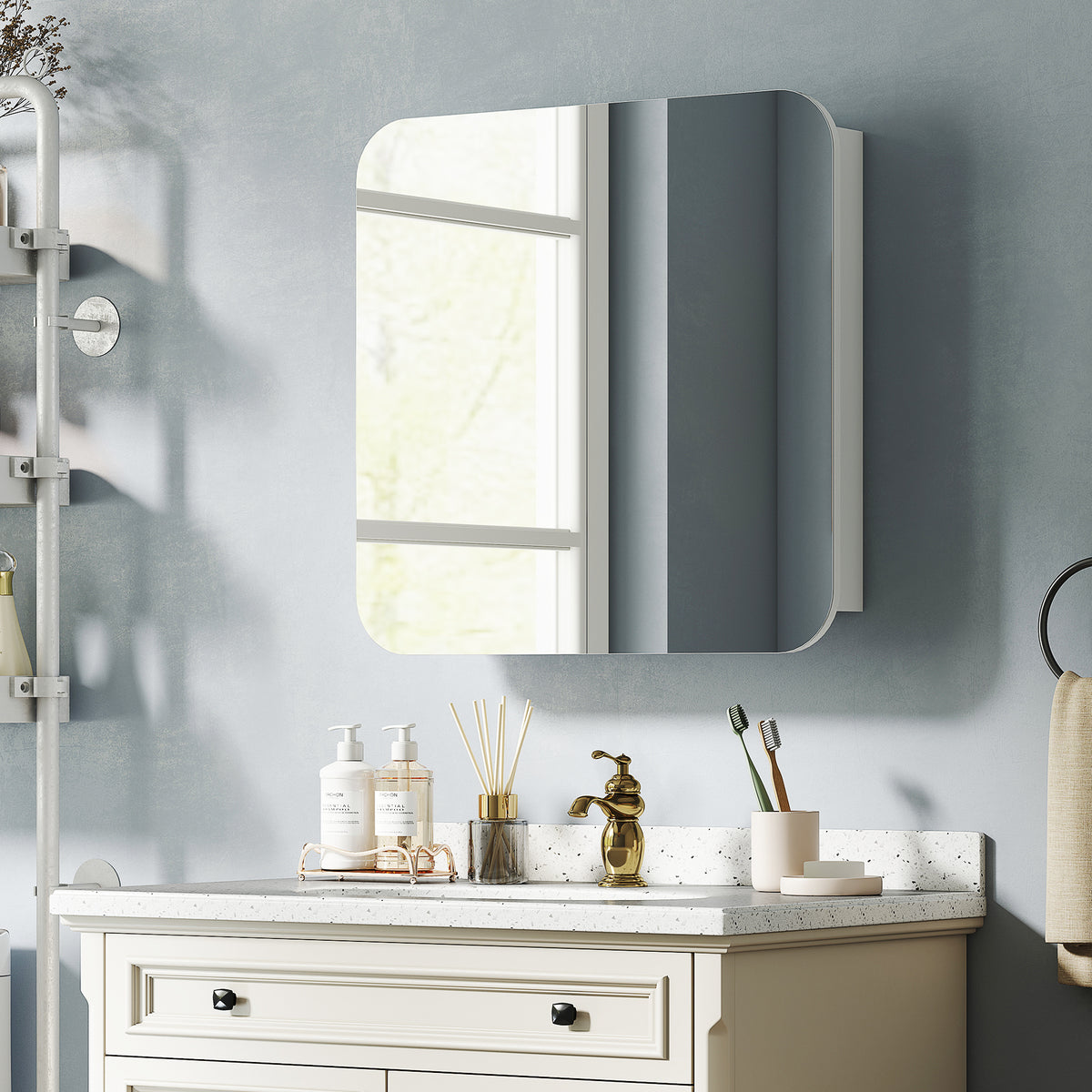 HOMCOM Arched Bathroom Mirror Cabinet, Wall Mounted Mirrored Cabinet