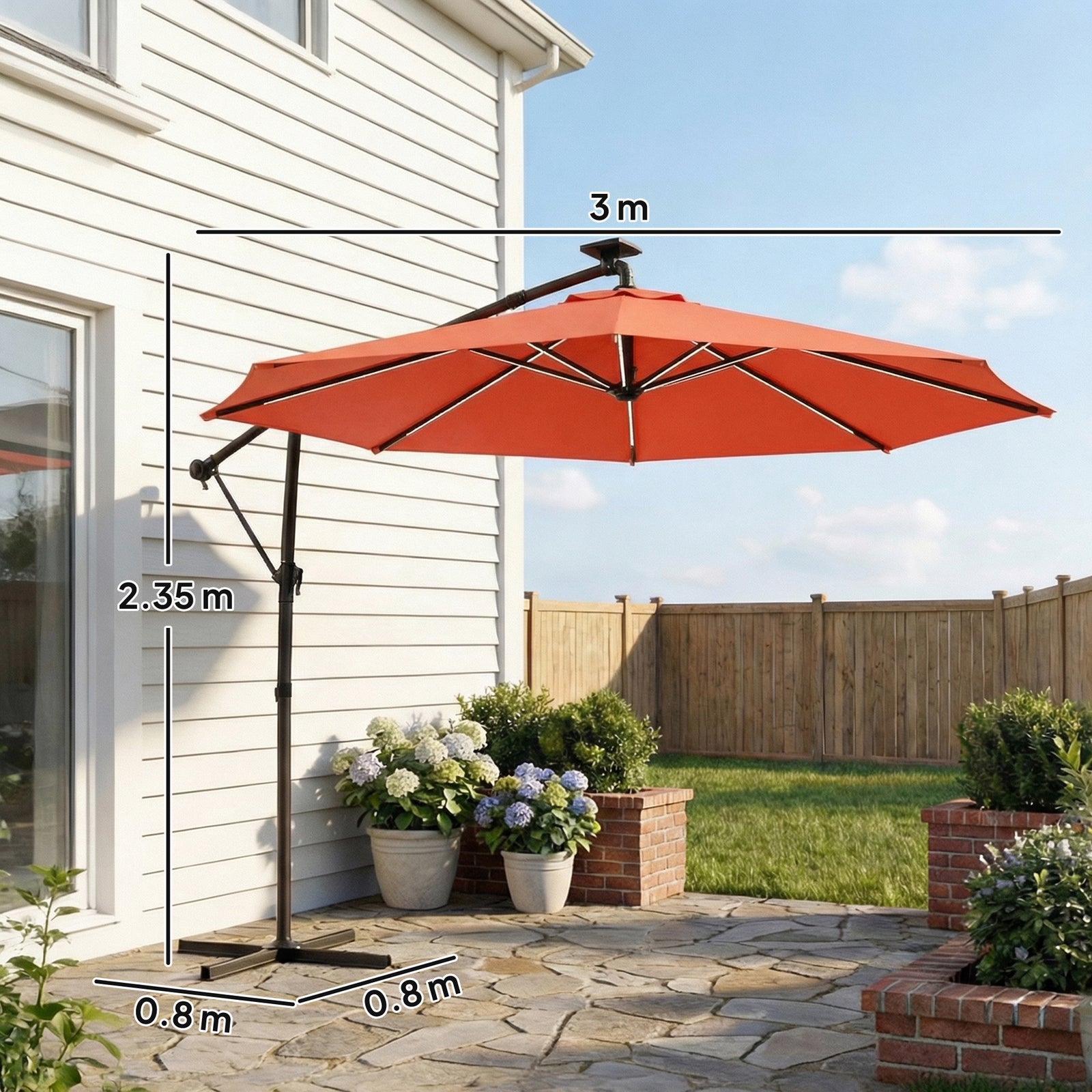 3 M Garden Cantilever Parasol With Solar Light, Rotation | Orange