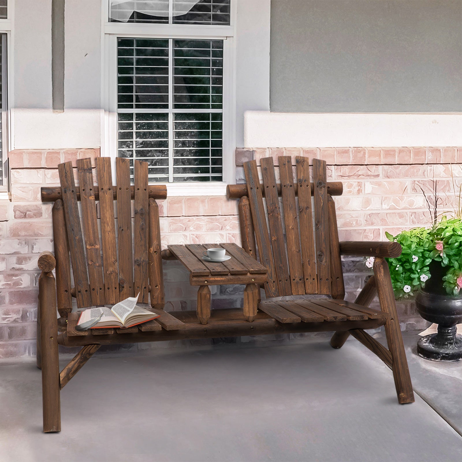 Wood Patio Chair Loveseat 2 Seats With Center Coffee Table