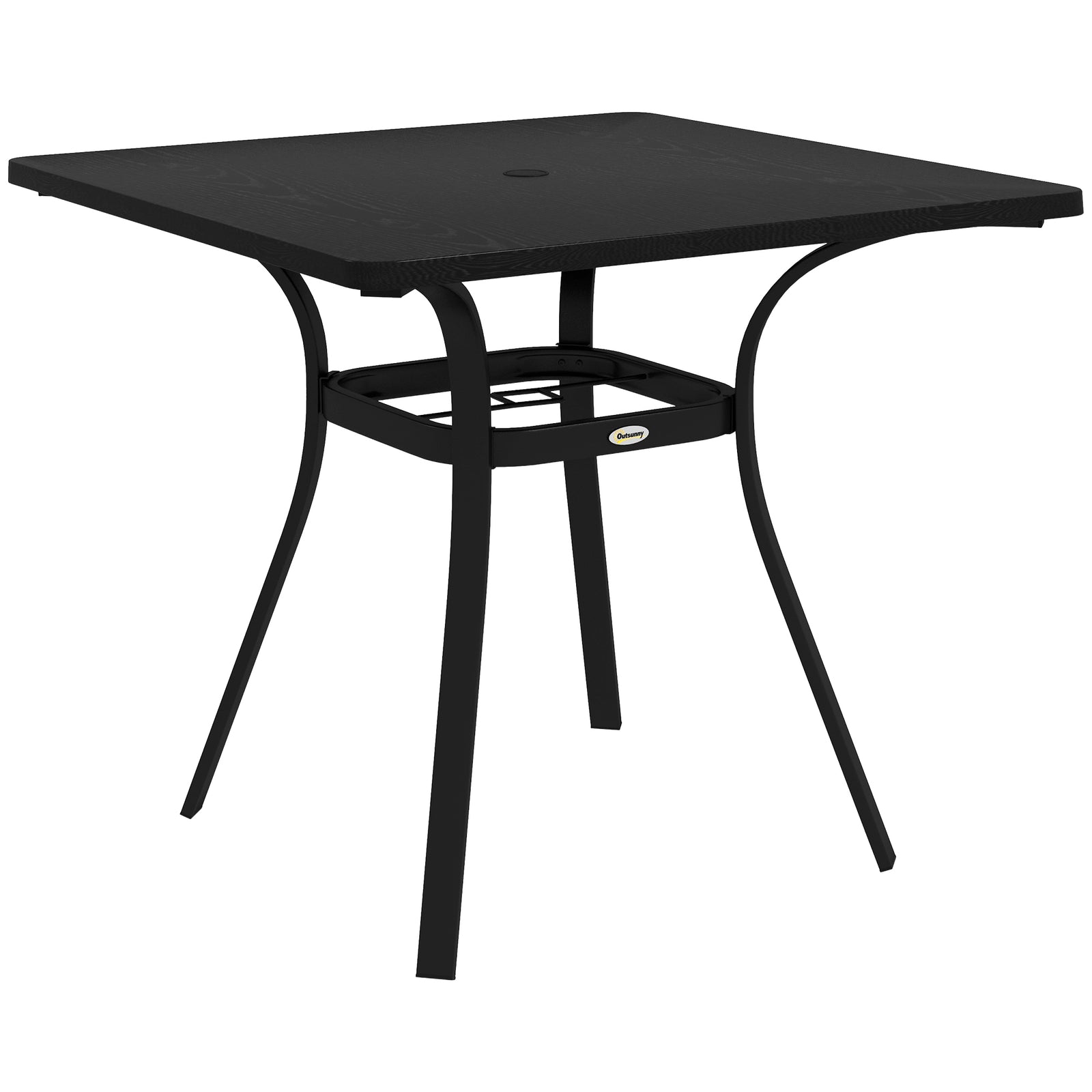 Outdoor Table, Metal Top, Steel Frame, Umbrella Hole, Black