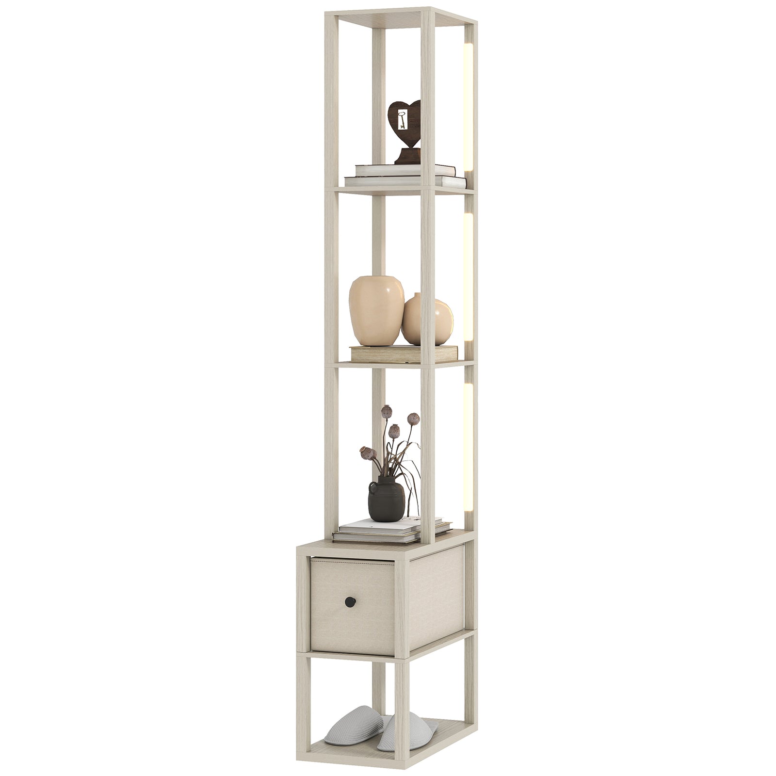 Floor Lamp With Shelves, Led Standing Lamp With Fabric Drawer | Oak