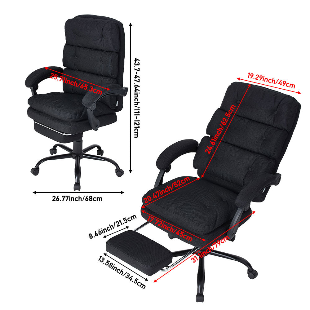 Ergonomic Black Linen Office Chair – Recline 135°, Retractable Footrest, Adjustable Height, Swivel Base