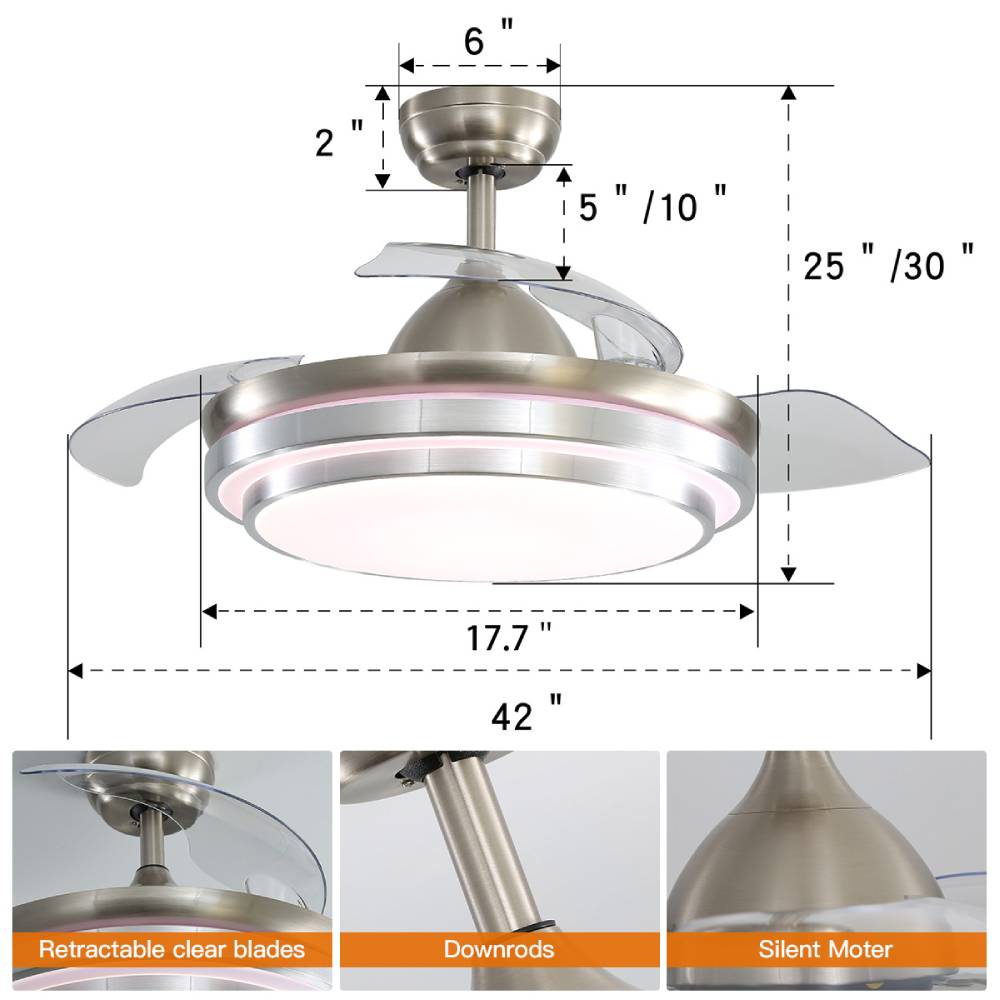 42 Inch Modern Chrome Ceiling Fan With Led Light & Remote 3 Blade Quiet Fan