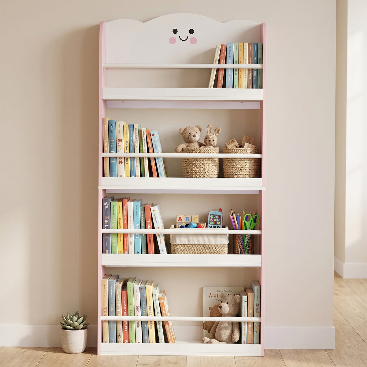 AIYAPLAY Kids Bookshelf Bookcase With 4-tier Shelves For Living Room, Pink