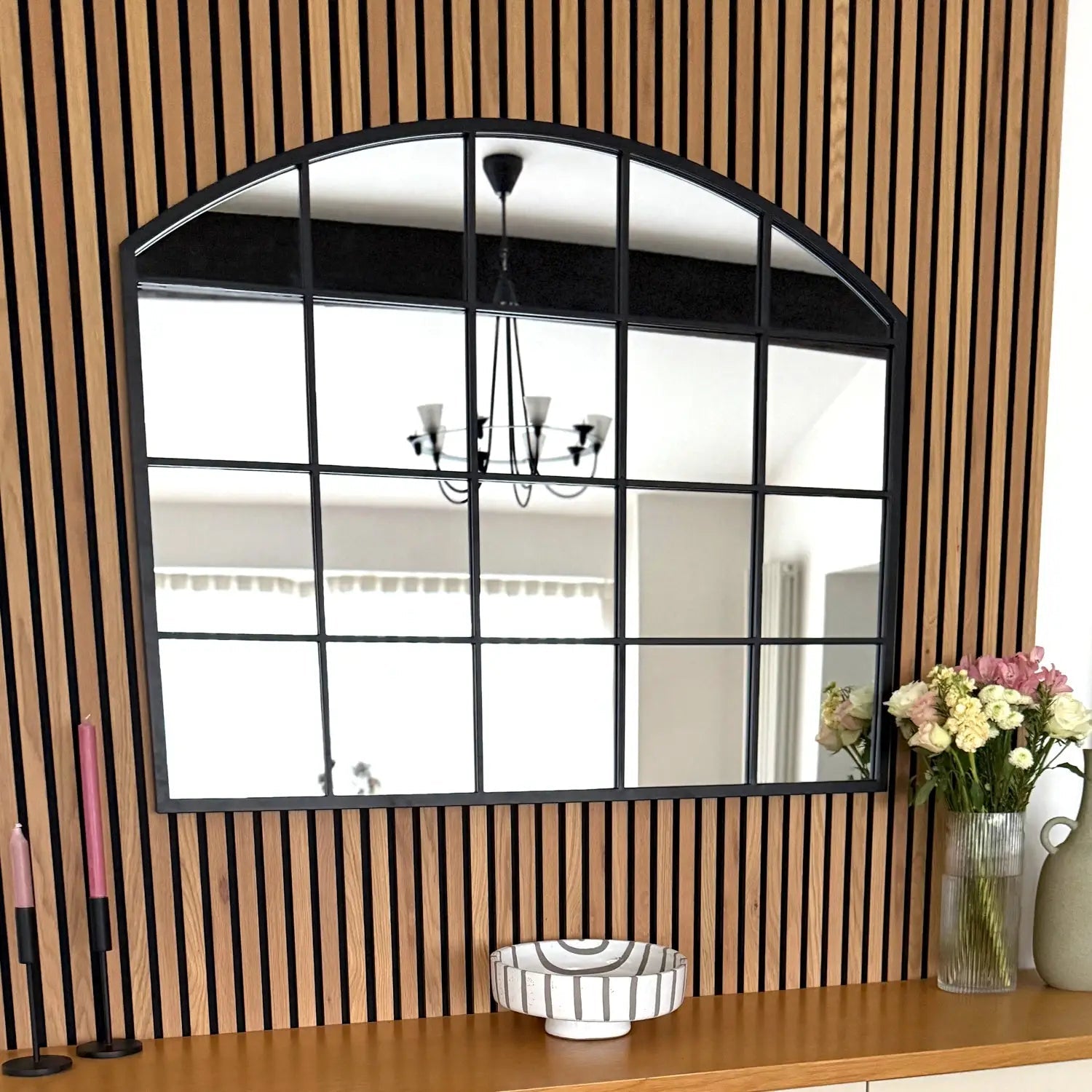 Tomi - Metal Arched Lattice Window Mirror | 95cm x 120cm | Black