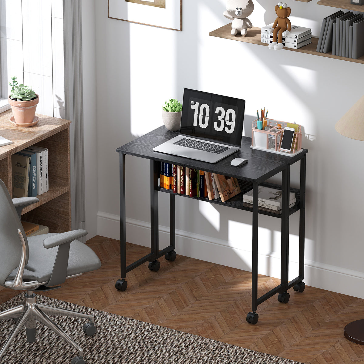 HOMCOM Foldable Computer Desk On Wheels For Small Spaces Black