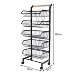 3/4/5-tier Adjustable Black Carbon Steel Storage Cart Rolling Utility Organizer Trolley With Wooden Handle | Large | Black