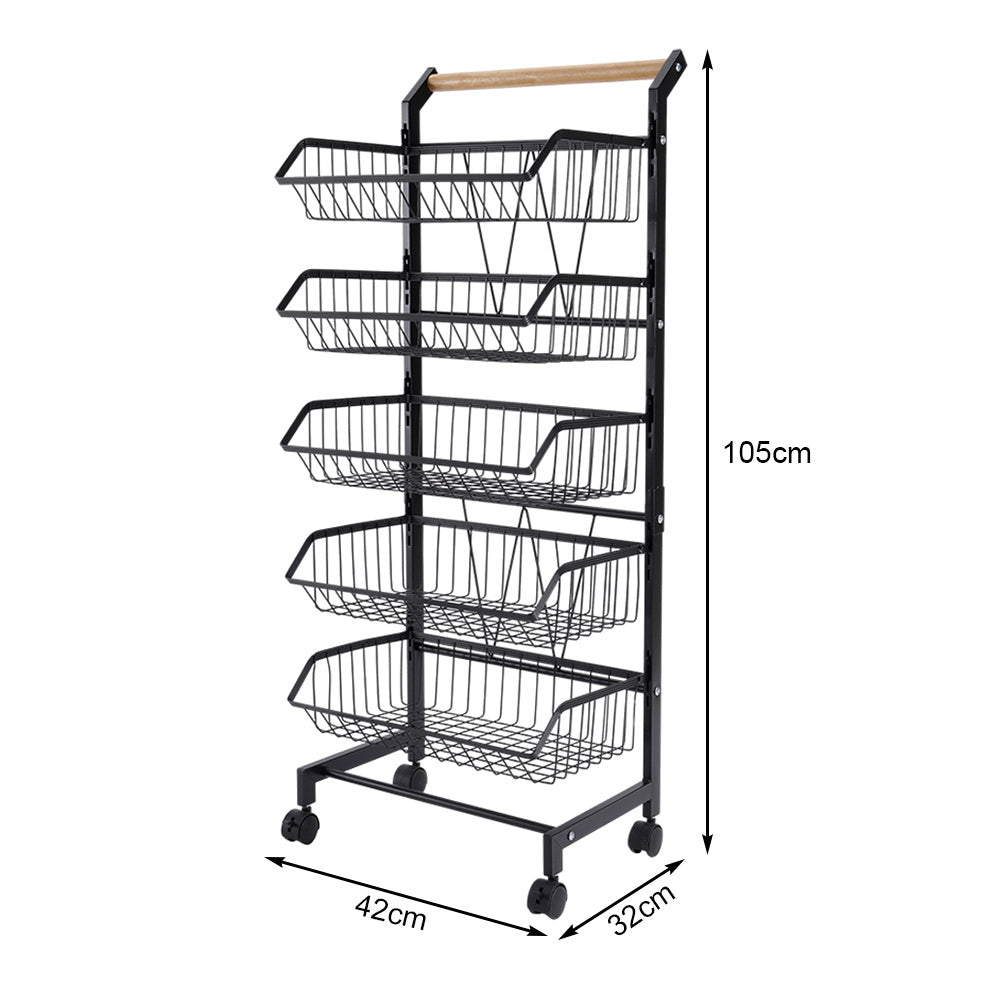 3/4/5-tier Adjustable Black Carbon Steel Storage Cart Rolling Utility Organizer Trolley With Wooden Handle | Large | Black