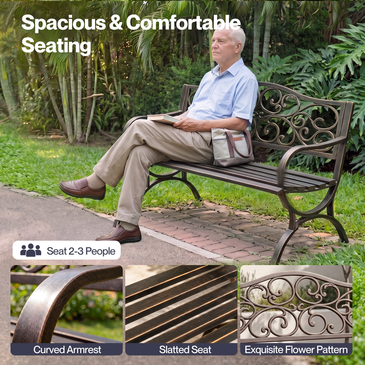 Garden Bench, Outdoor Bench,300kg Metal, Floral Pattern, Bronze | Bronze