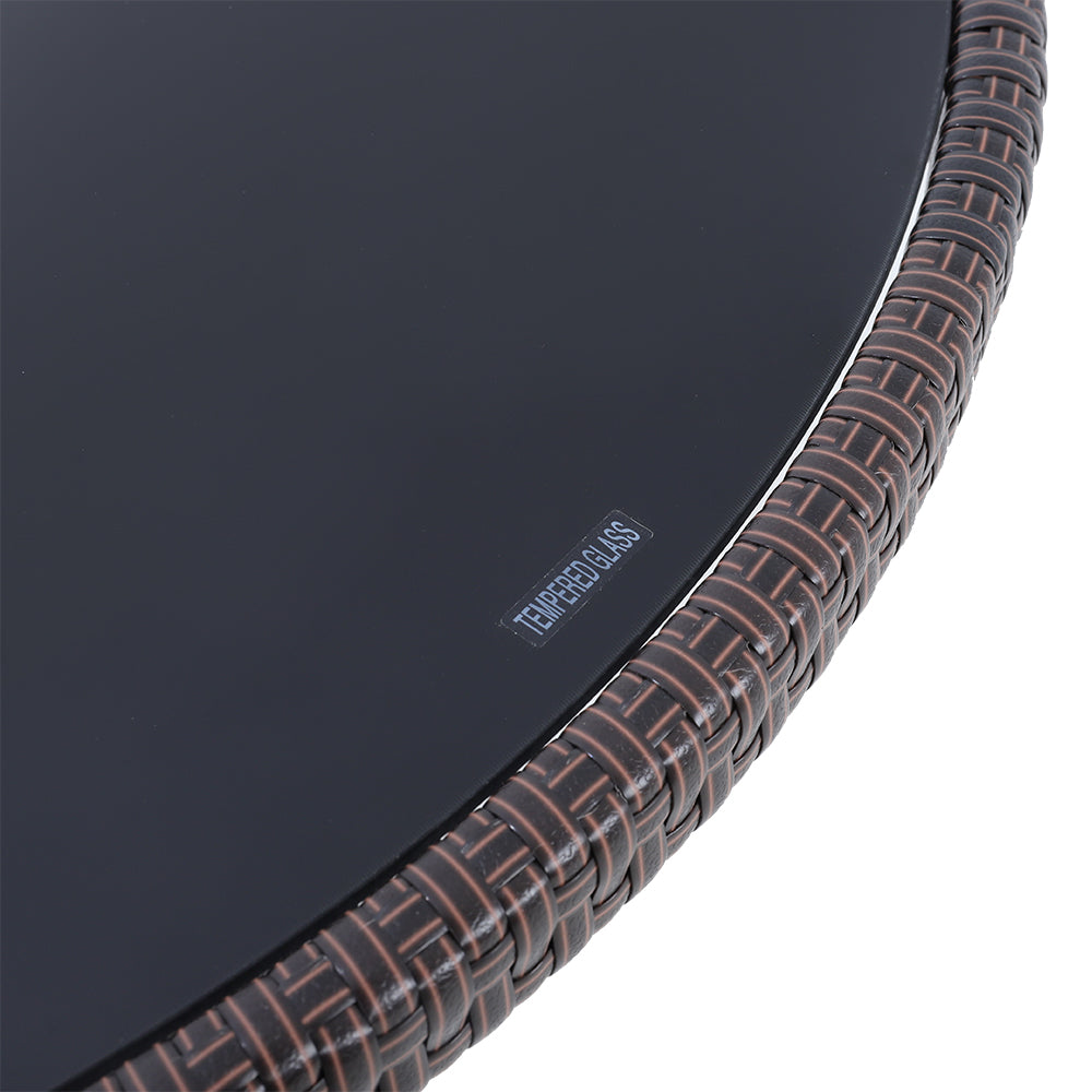 Round Wicker Patio Table With Black Tempered Glass Top With 51mm Umbrella Hole & Transparent Cap 80cm Dia X 72cm H | Brown
