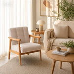 Modern Beige Fabric Armchair with Wooden Frame and Padded Cushion