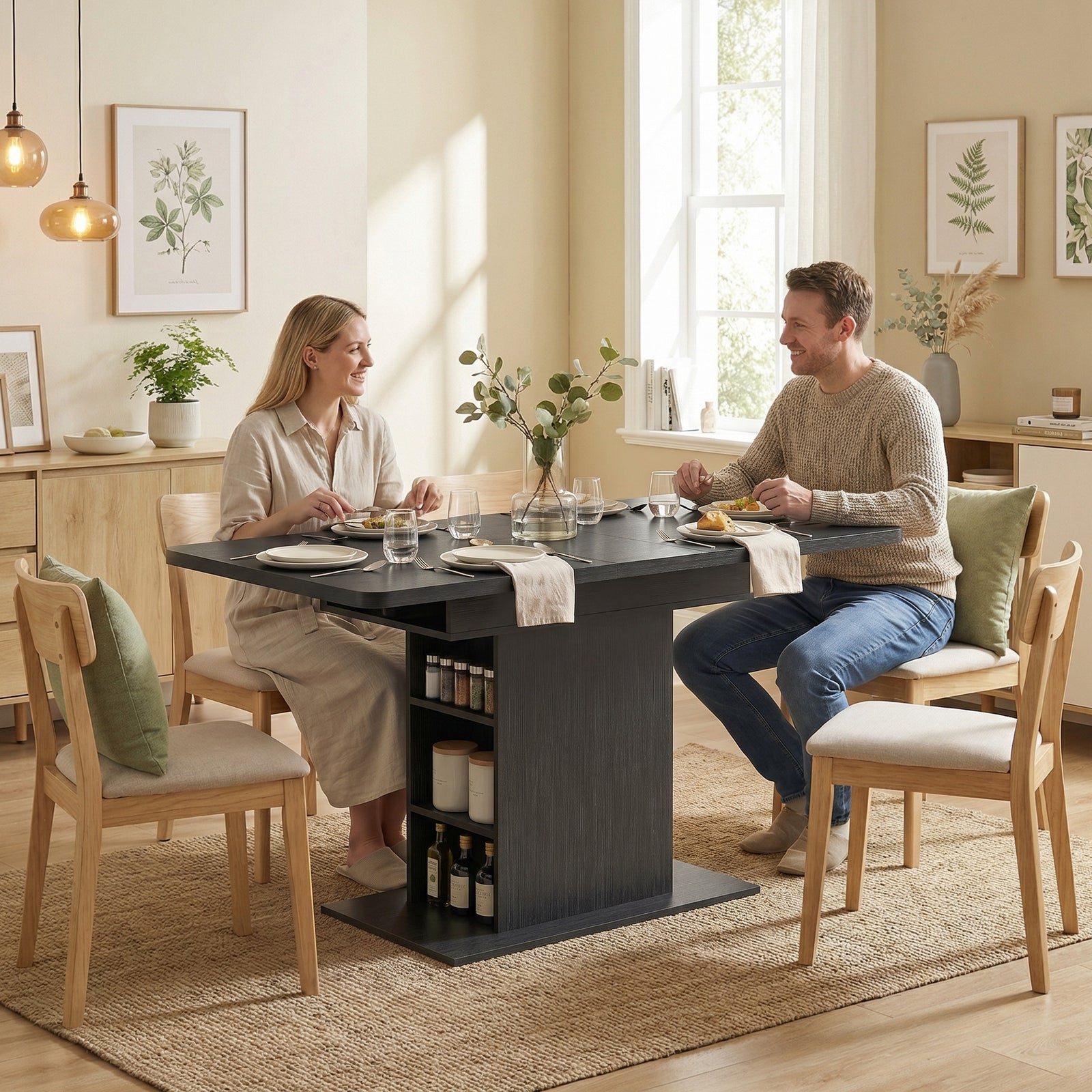 Extendable Dining Table For 4-6, Kitchen Table With Shelves | Black