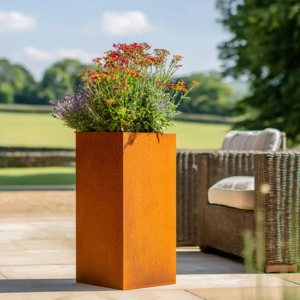 Corten Steel Tall Square Planter - Pre-rusted | 40cm x 40cm x 100cm | Brown