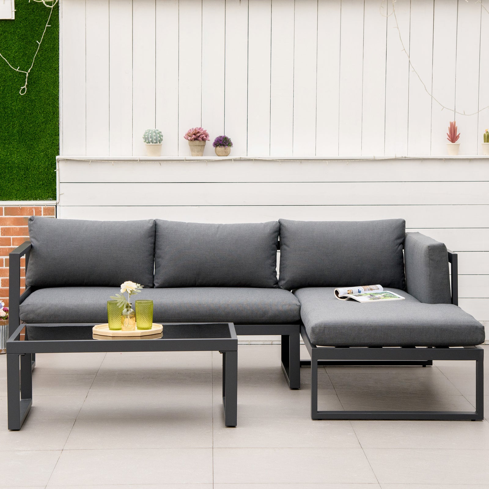 Outsunny 3 Pcs L-shape Aluminium Garden Sofa Set, Grey