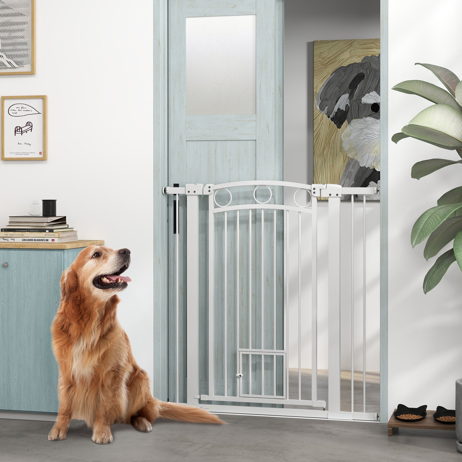 Pawhut Stair Gate With Cat Door, Adjustable Width 76-104cm & 77/96/106cm Tall | White