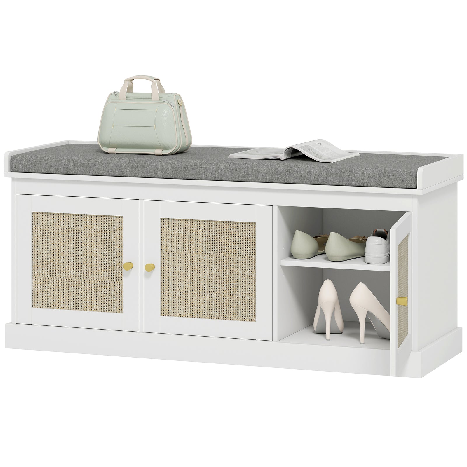 Shoe Storage Bench With Rattan Doors, Cushion, Entryway Shoe Bench