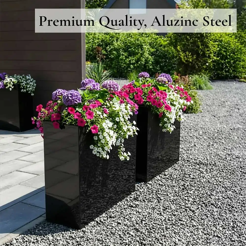 Long Zinc Galvanised Tall Trough Planter | 80cm x 25cm x 60cm | Black Gloss