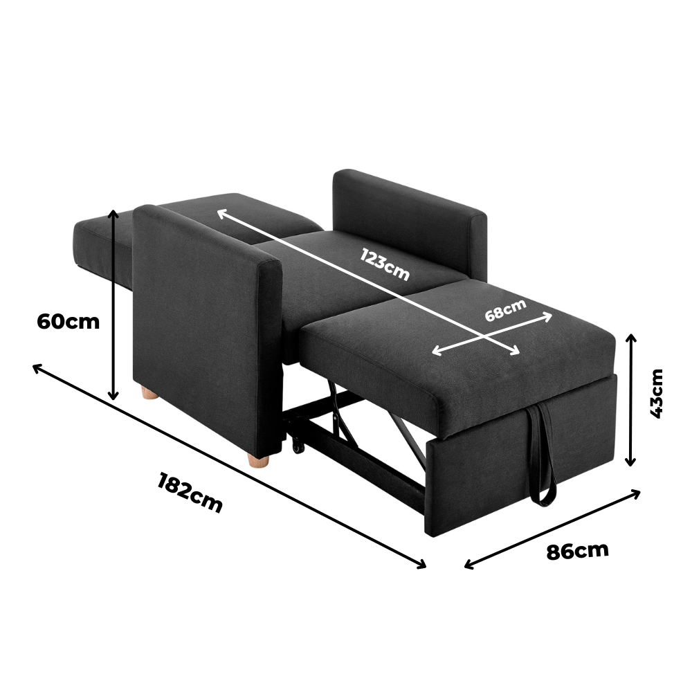 Pull Out Single Linen Armchair Bed - 1 Seater | Black