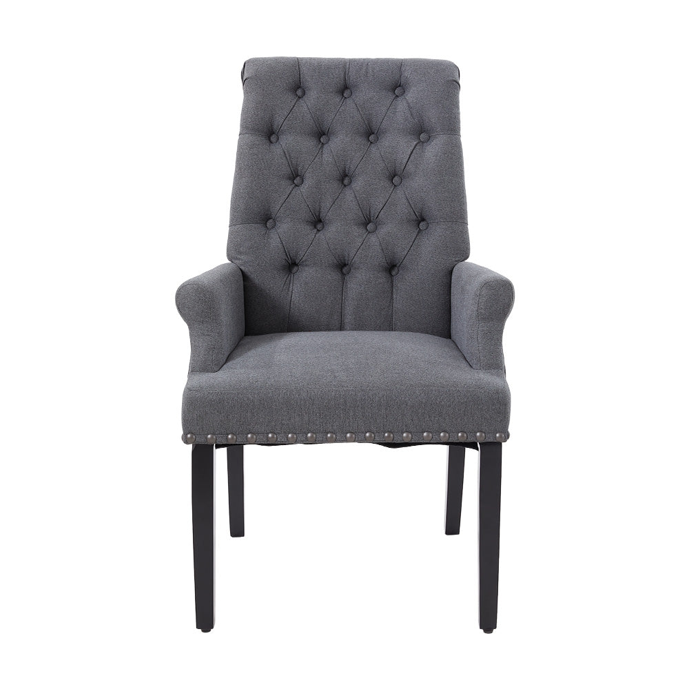Classic Upholstered Armchair Tufted Back Fabric Dining Chair With Nailhead Detailing | Grey