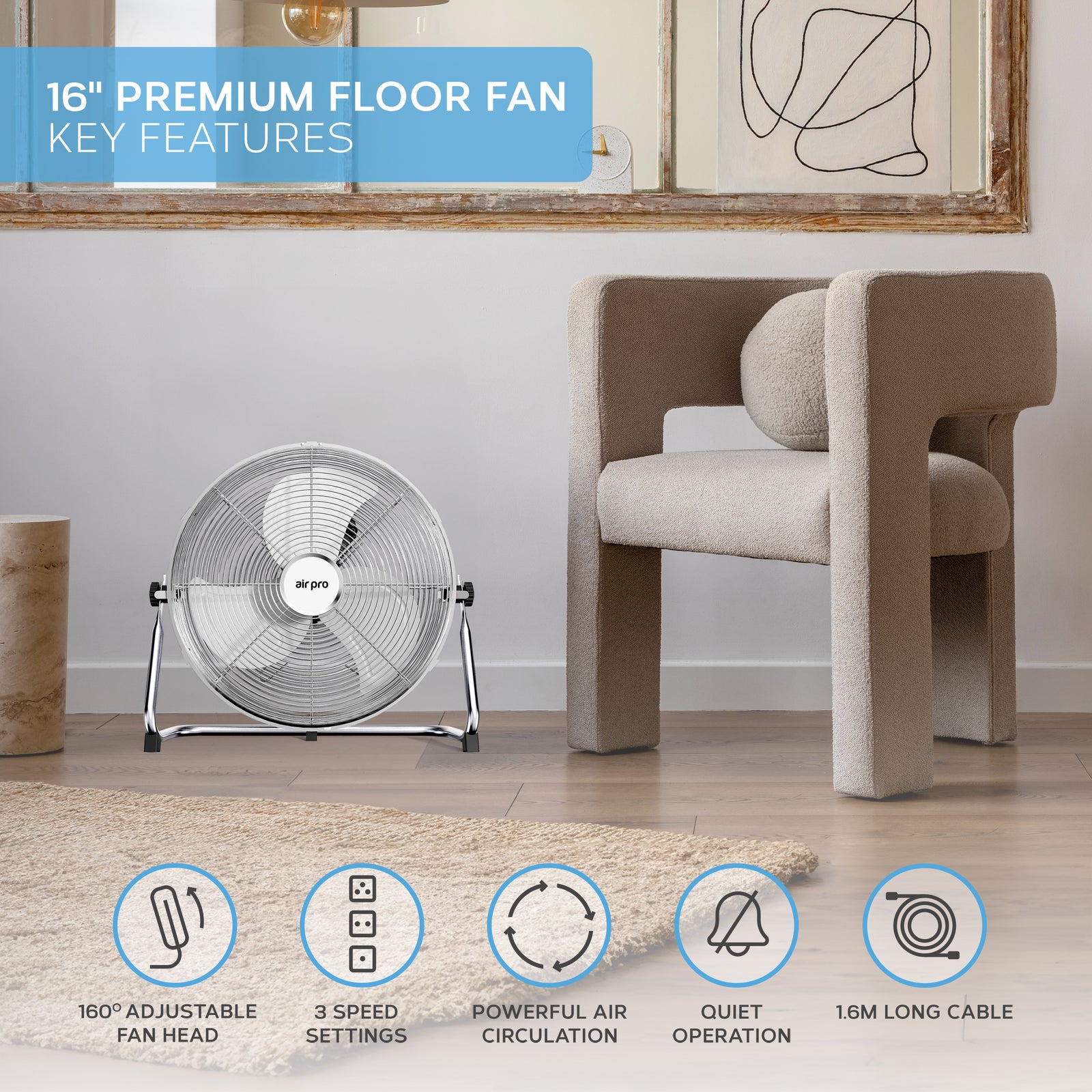 14/16/20" Circular Floor Fan - Powerful Air Cooling Fan With 3 Speed Settings | 16" | Silver
