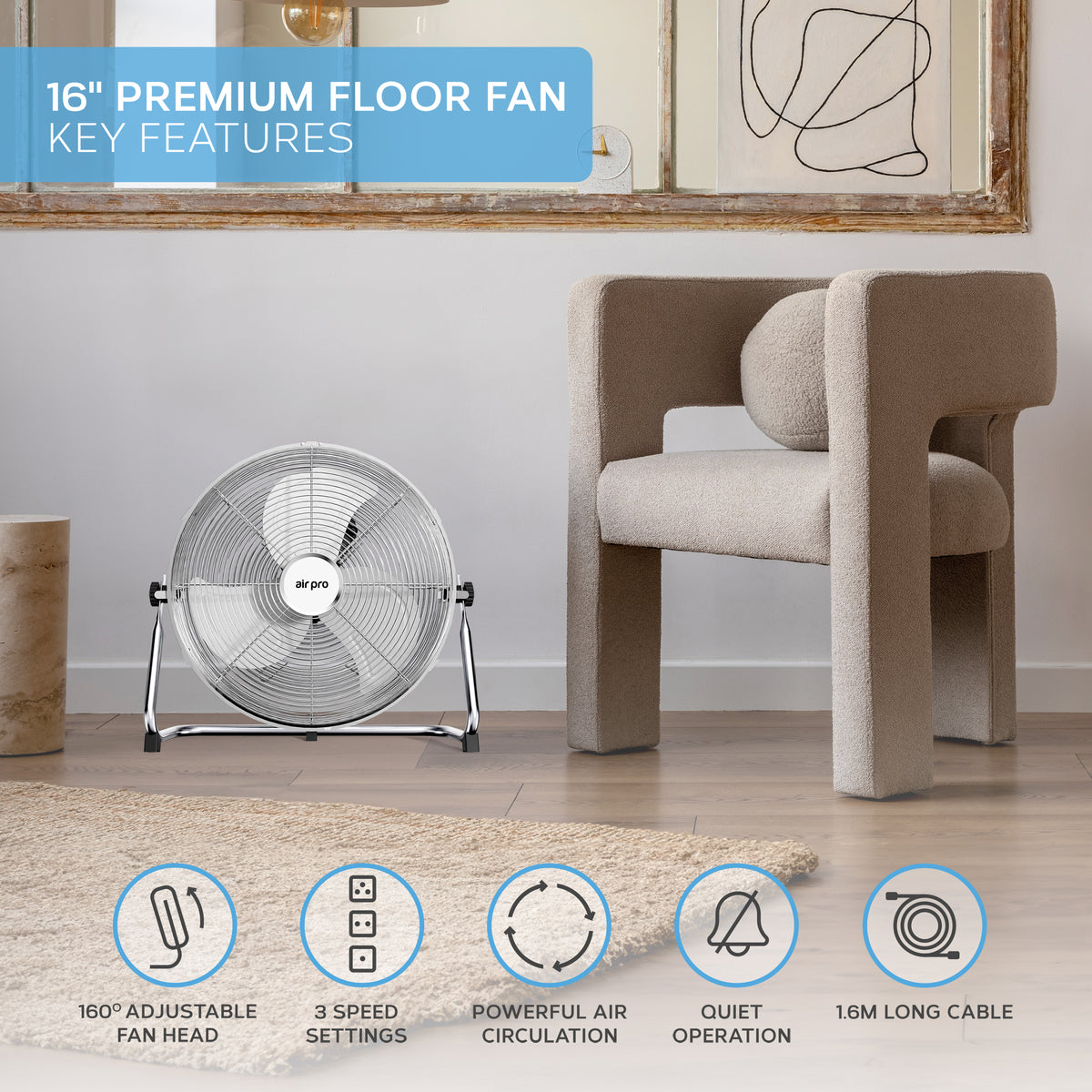 14/16/20" Circular Floor Fan - Powerful Air Cooling Fan With 3 Speed Settings | 16" | Silver