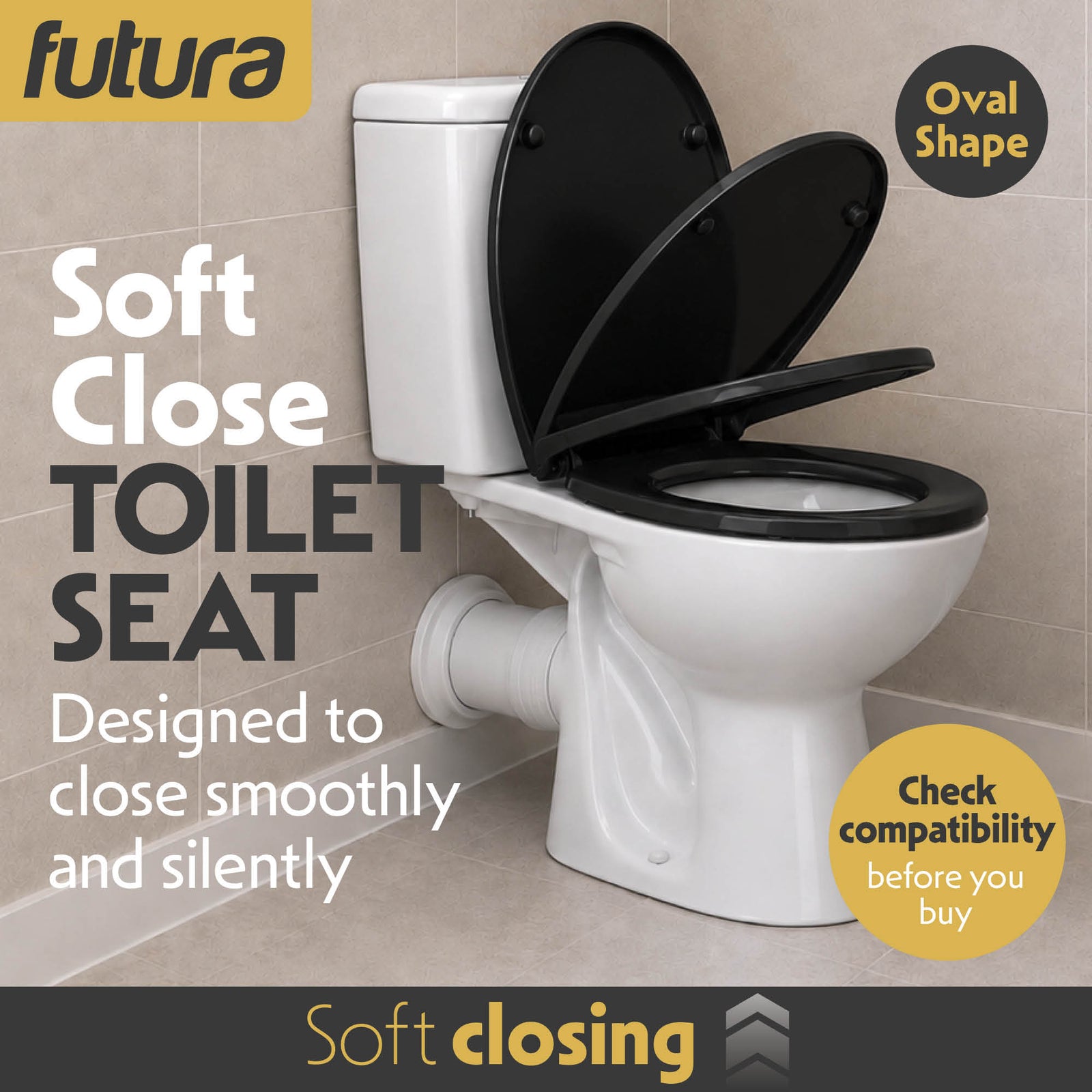 Toilet Seat Soft Close Oval Shape, Premium Thermoplastic, Quick Release, Top & Bottom Fixings | Black