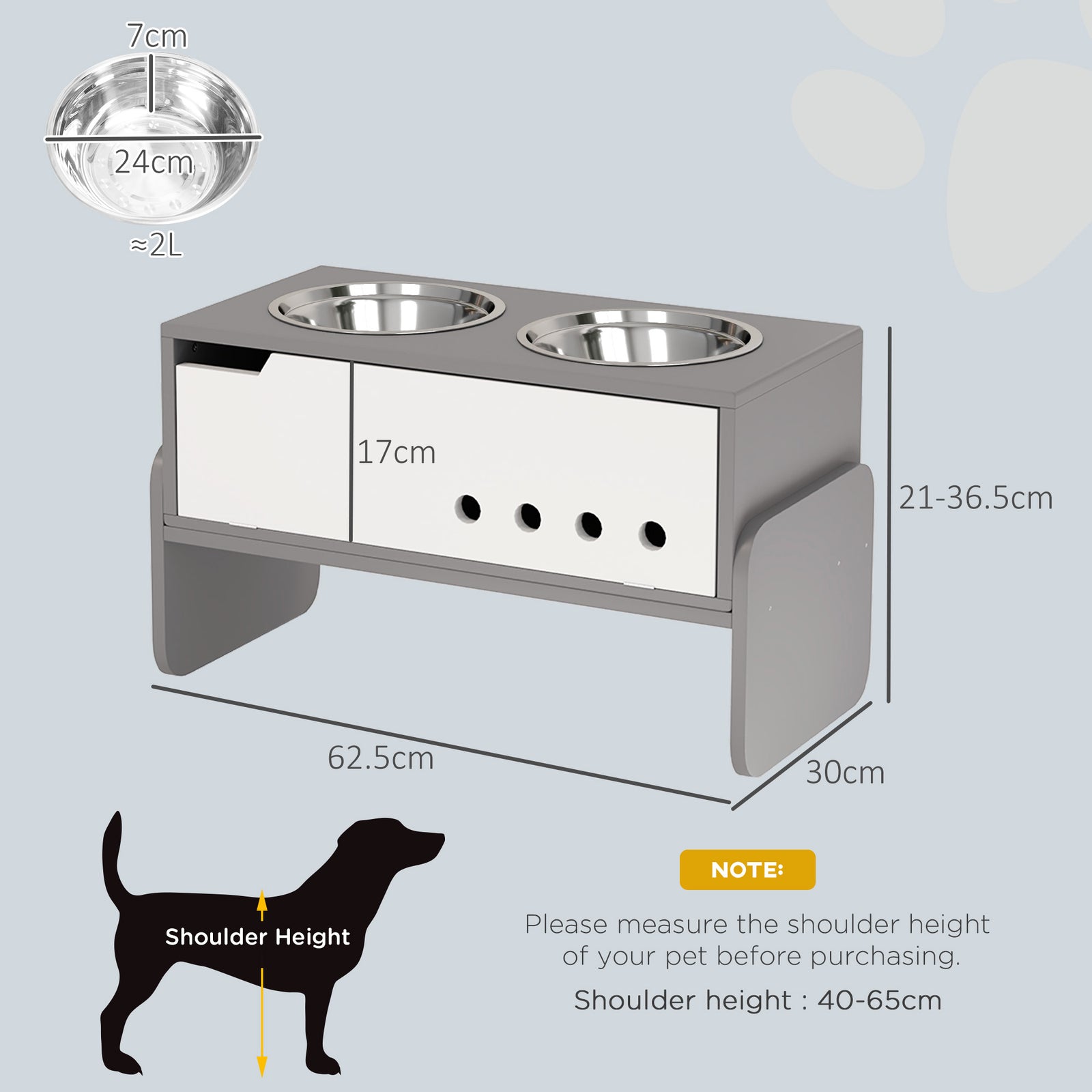 Height Adjustable Dog Feeding Storage W/ 2 Stainless Steel Bowls