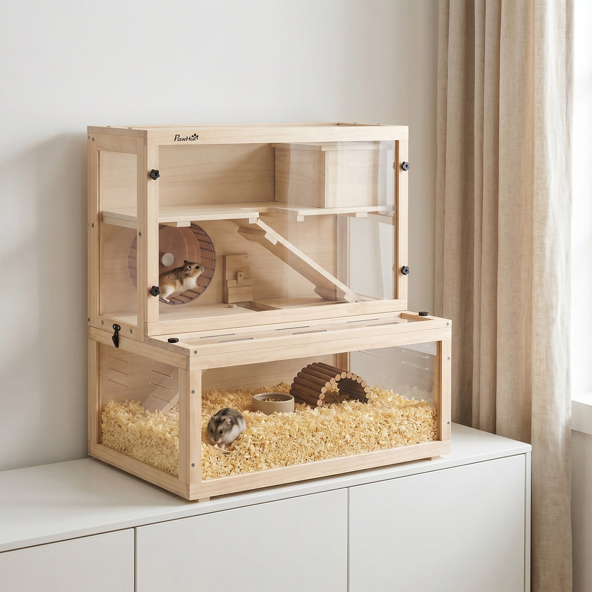 PawHut 3 Tier Wooden Hamster Cage With Hut, Wheel, Ramps, 80 X 50 X 84 Cm
