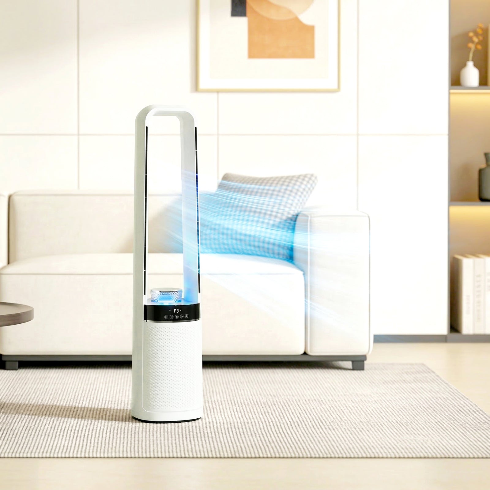 HOMCOM Bladeless Tower Fan With 45° Oscillating, Led Lights, 3 Speeds, White