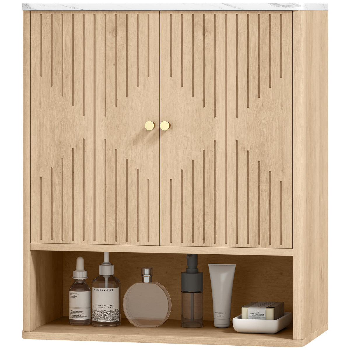 HOMCOM Bathroom Wall Cabinet With Adjustable Shelf And Open Shelf, Oak