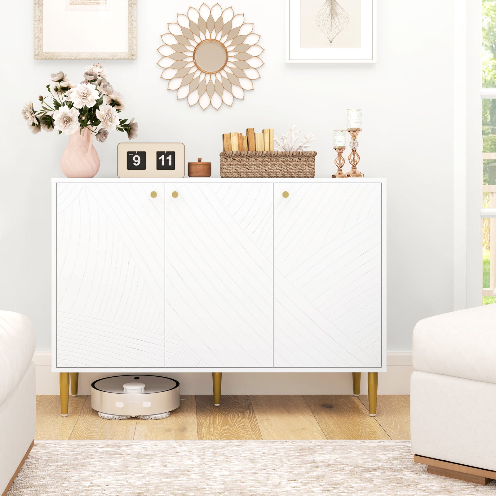 Sideboard Storage Cabinet With 3 Carved Line Doors