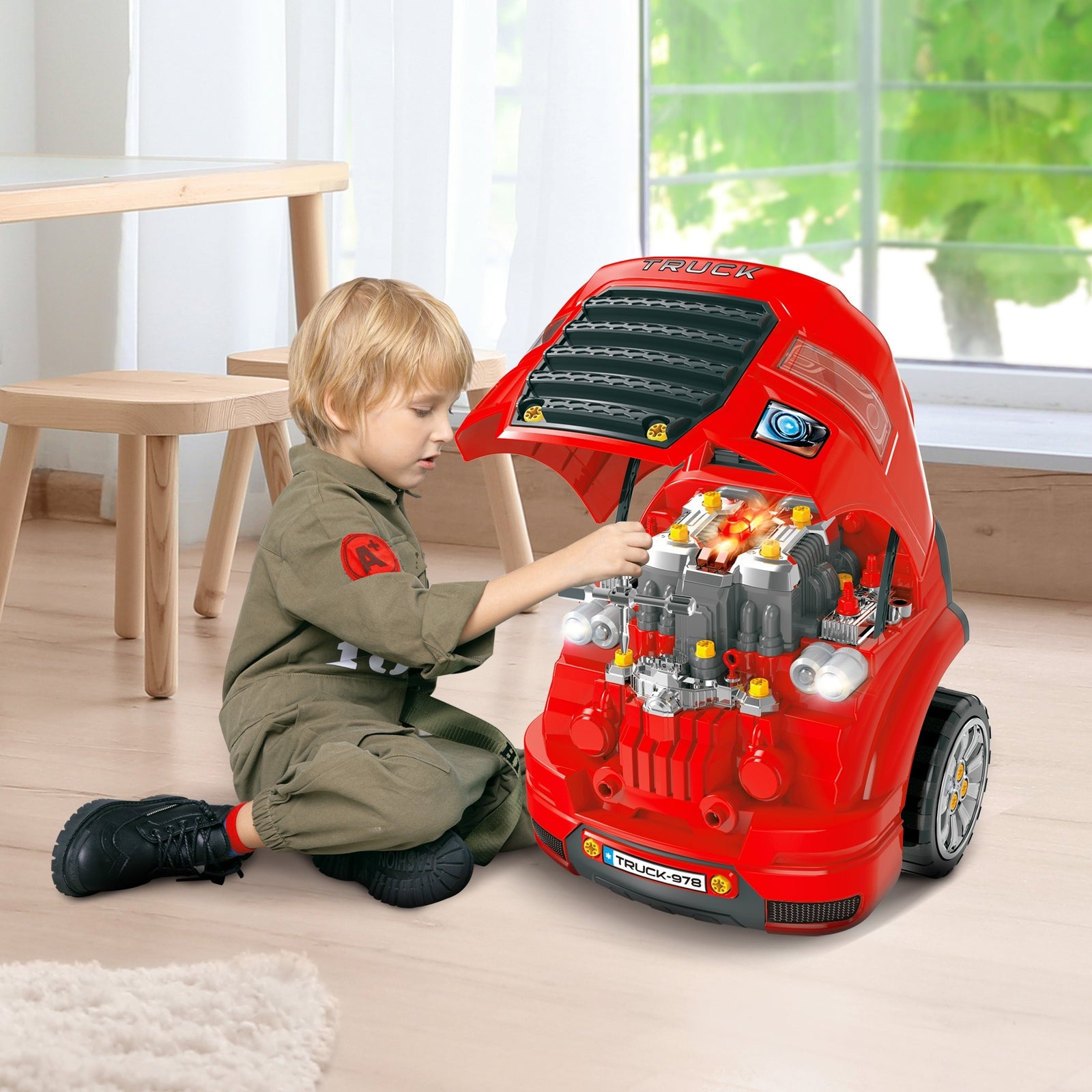 Kids Truck Engine Toy Set W/ Horn, Light, Car Key, For Ages 3-5 Years | Red