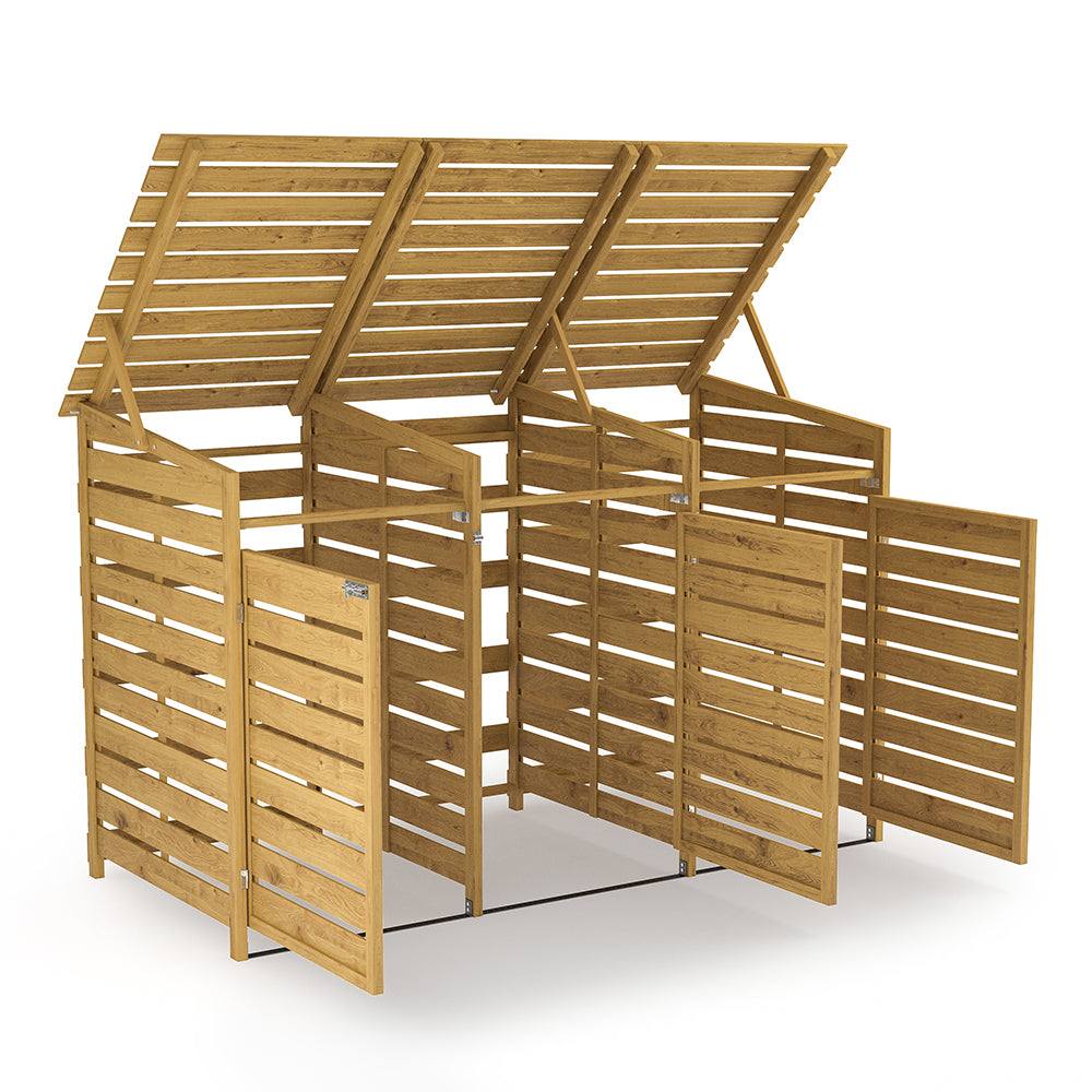 Outdoor Spruce Wood Trash Can Storage Shed – 3-door Garbage Bin Enclosure With Lift-up Top For Easy Access