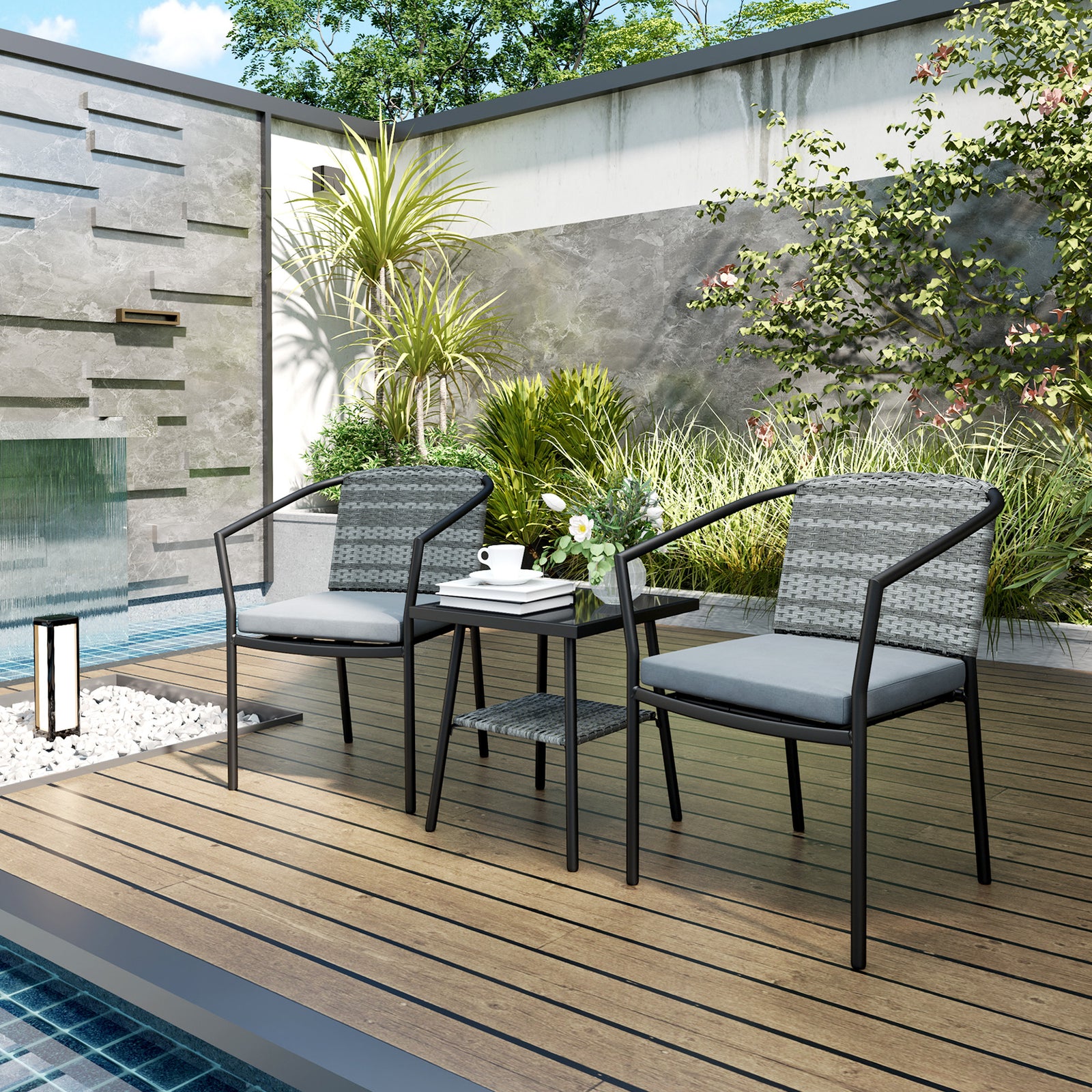 3 Pcs Rattan Bistro Set Glass Top Coffee Table And Chairs